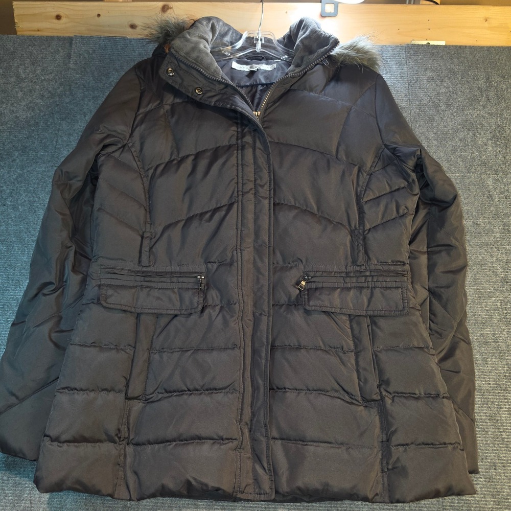 Larry Levine Puffer Coat Women Medium Gray Good Down Faux Fur Hood Quilted